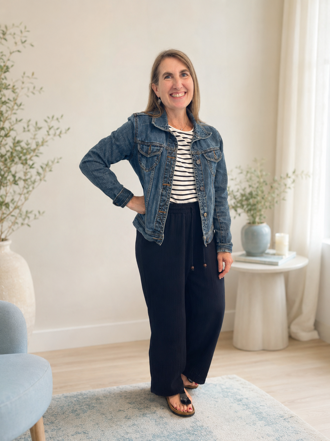 Janell Connor wearing a blue denim jacket